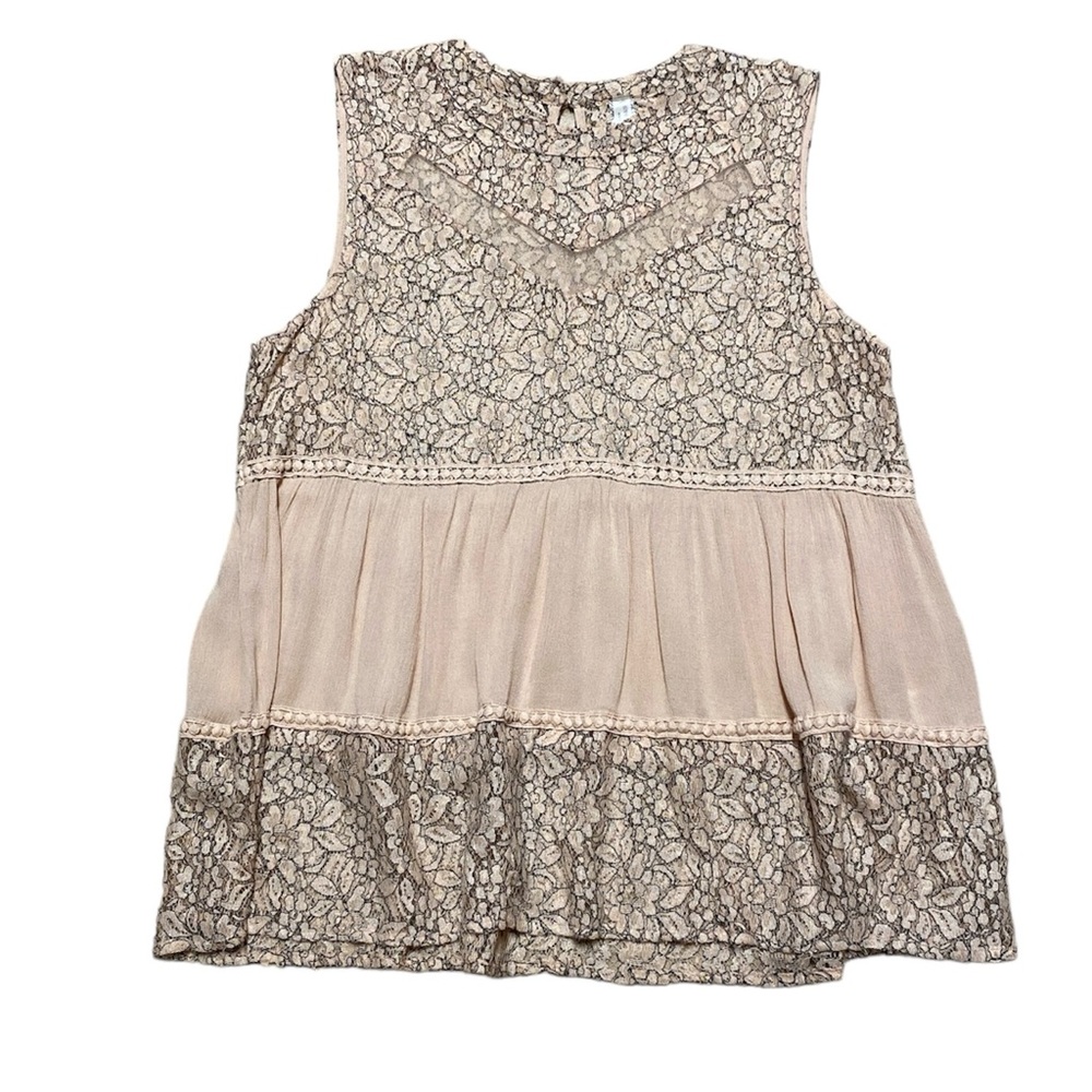 Giddy Up Glamour Lace Tank Top Women’s 1XL Pink Casual Tiered Sleeveless Blouse